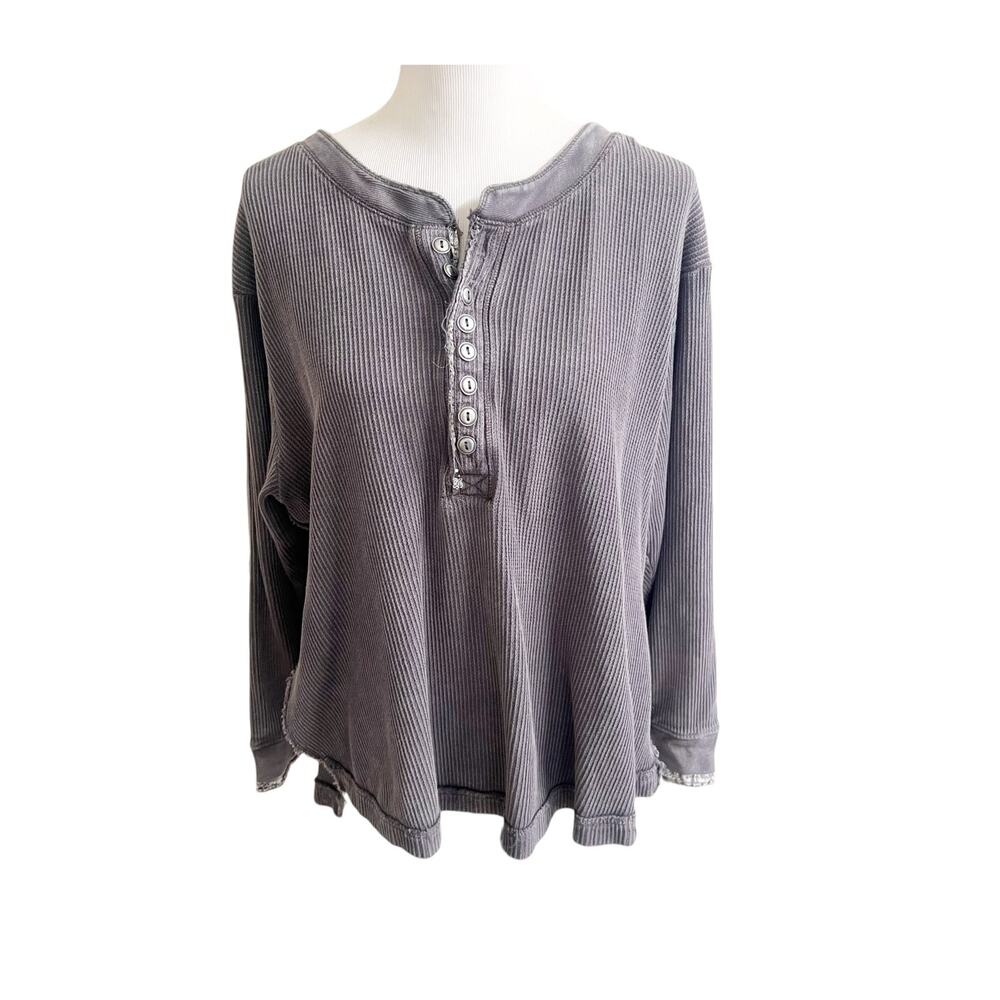 Free People We the Free Henley Top L Charcoal Gray Thermal Waffle Knit Grunge
